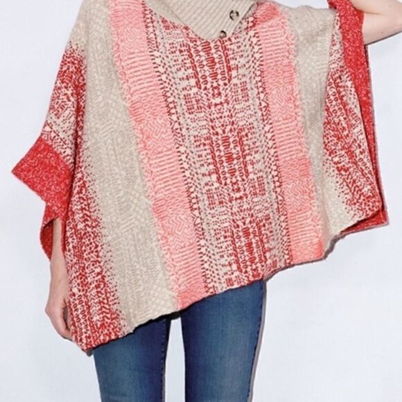 Caslon Jacquard Button Cowl Neck Sweater-Knit Poncho Red Salmon Gray Siz… - Picture 7 of 17